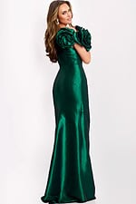 Back view of fitted green formal gown with rosette sleeves