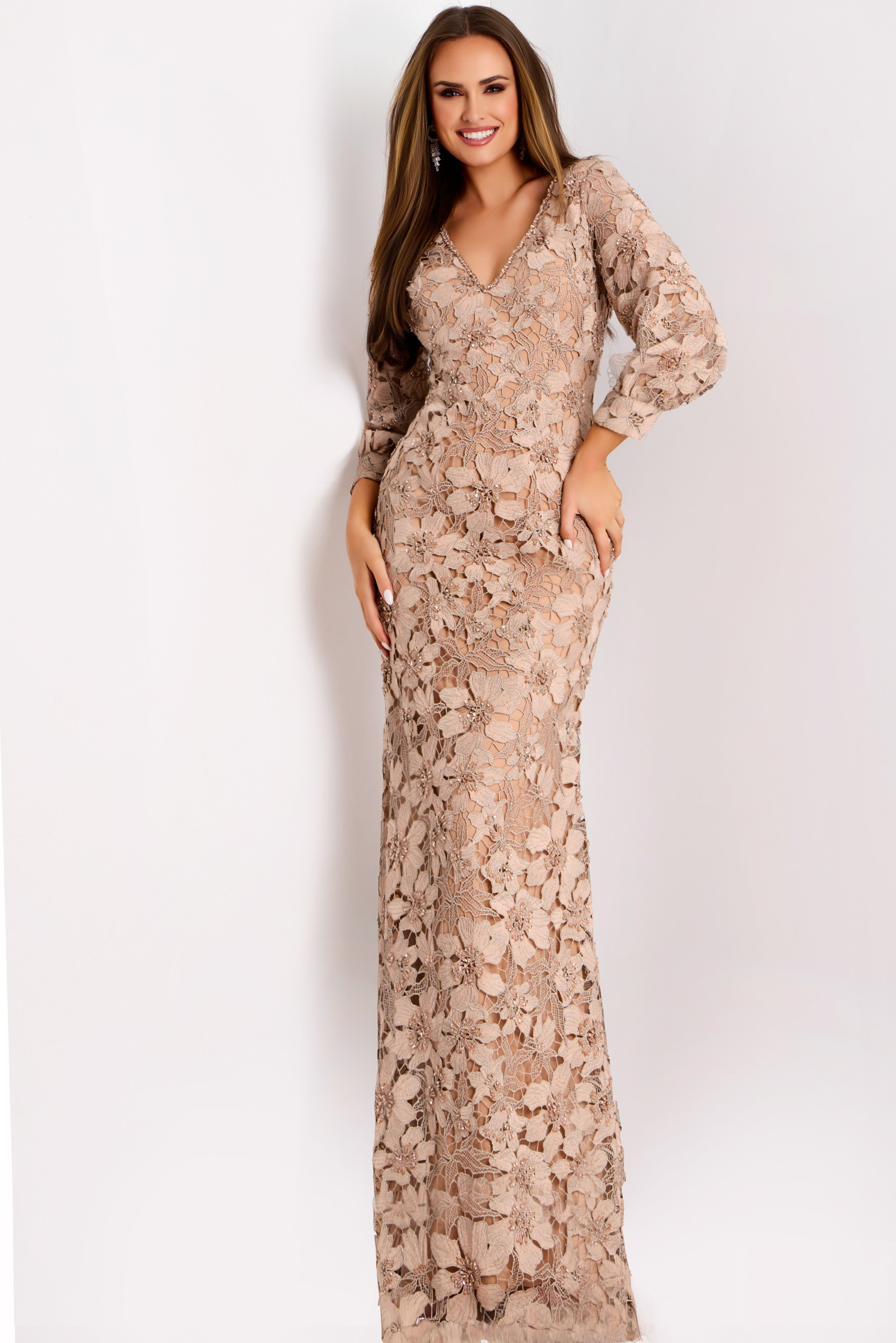 40210_BEIGE_1604 Long sleeve lace gown with floral appliqué and V-neckline