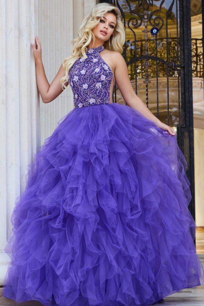 Halter Neck Ball Gown with Beaded Bodice 40218 Jovani
