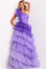 One shoulder purple ball gown with ruffled tulle tiers