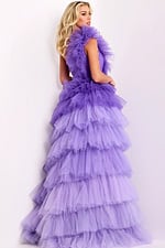 Back view of tiered purple ruffle gown with structured fit