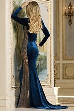 model wearing Jovani 40022 blue velvet gown back view