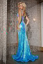 back view of Jovani 40262 with a flowing blue train and sequin embellishments