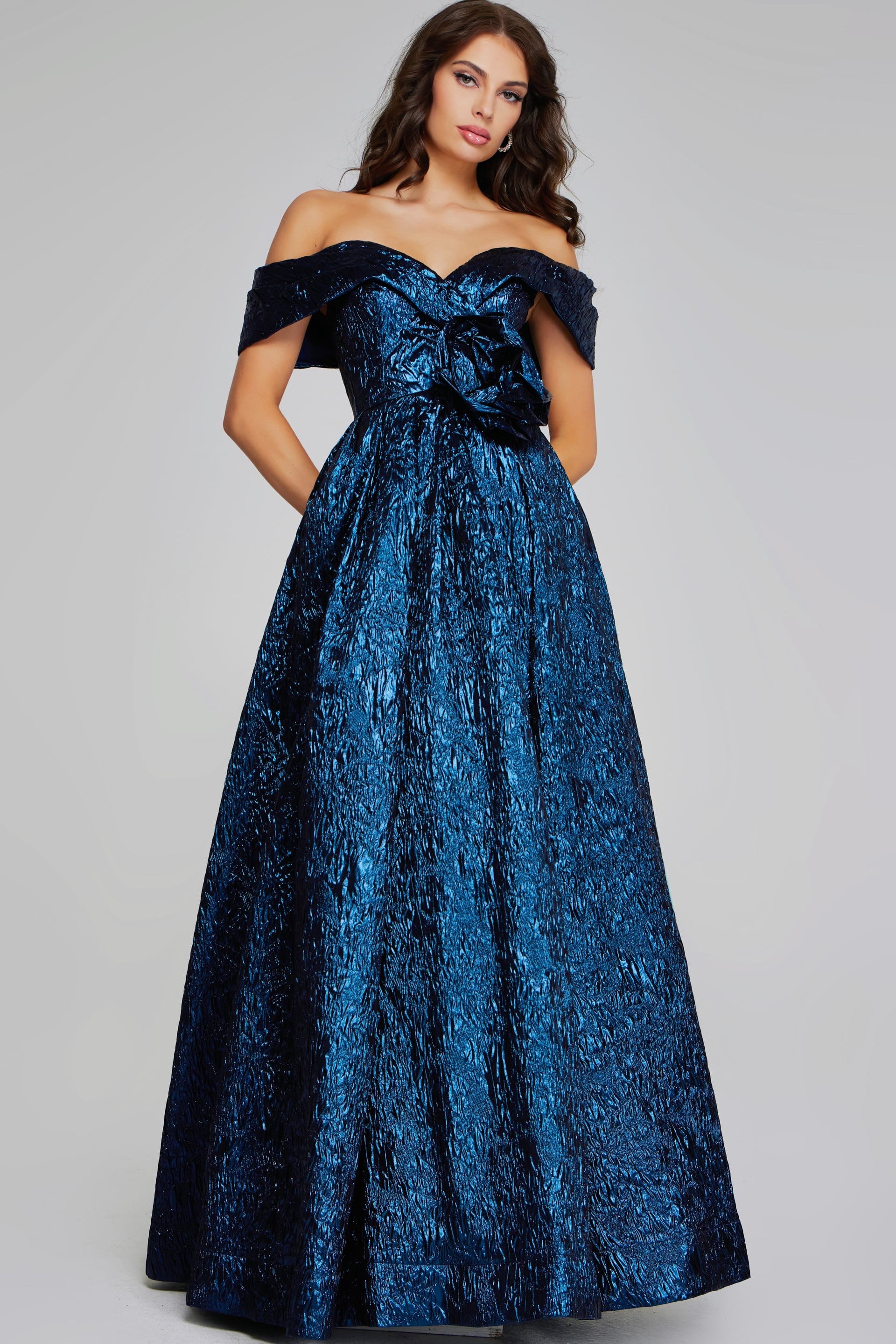 40288-NAVY-201.jpg Model wearing Jovani 40288 navy ball gown, front view.