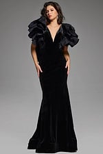 Elegant velvet gown with dramatic ruffled shoulders and deep V-neckline