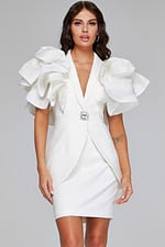 Model wearing Jovani 40292 ivory dress with ruffled sleeves, front view close-up.