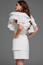 Model wearing Jovani 40292 ivory dress with ruffled sleeves, front view.