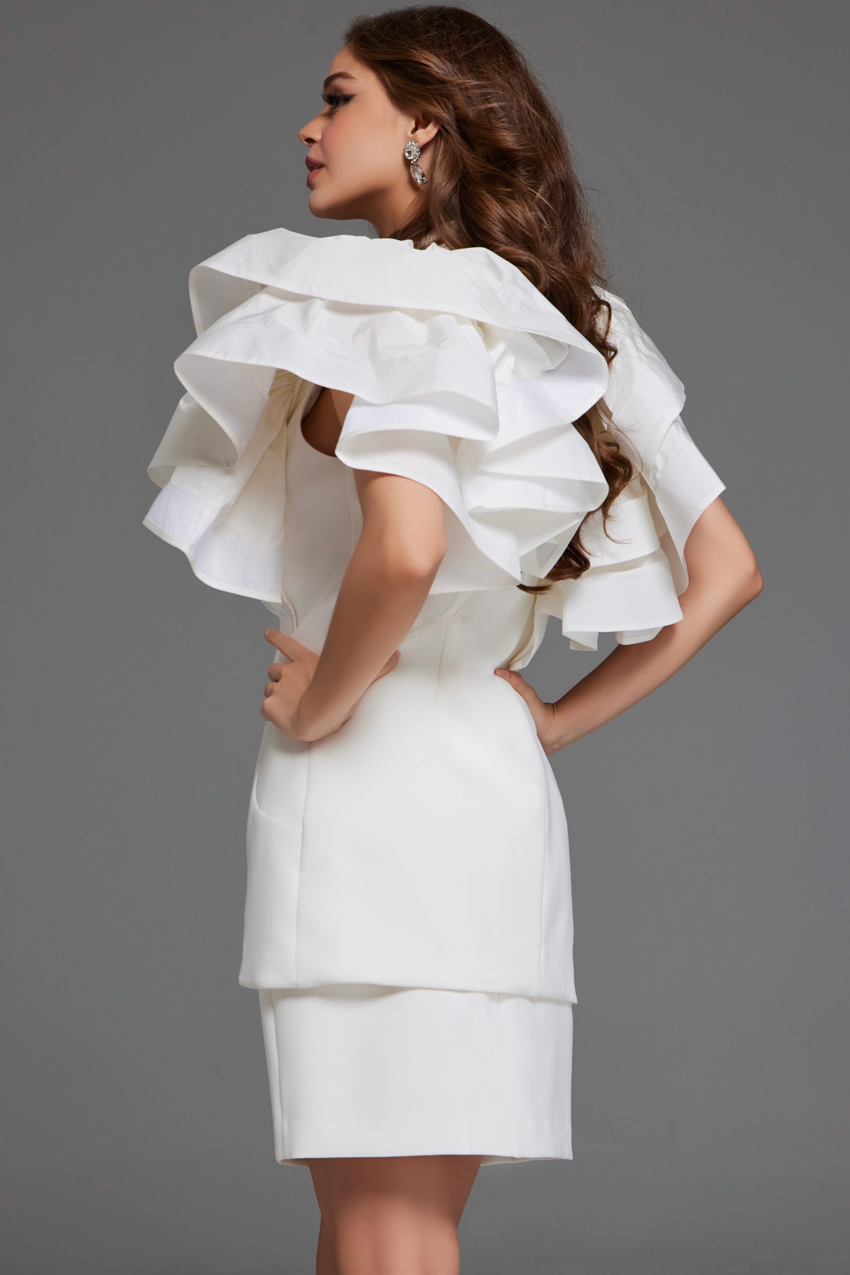 JOVANI バルーン袖 Vネック スタイリッシュ カクテルドレス 白 Jovani JB03910 Off White Cowl Neckline Bridal Dress | Jovani
