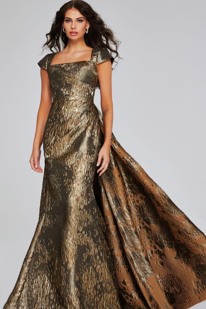 Model wearing Jovani 40295 in metallic green with square neckline and exquisite A-line silhouette, front view.