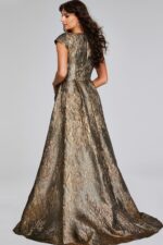 Gold Textured Cap-Sleeve Gown with Square Neckline 40295