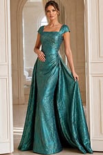 Designer Brocade Evening Gown With Draped Side Panels