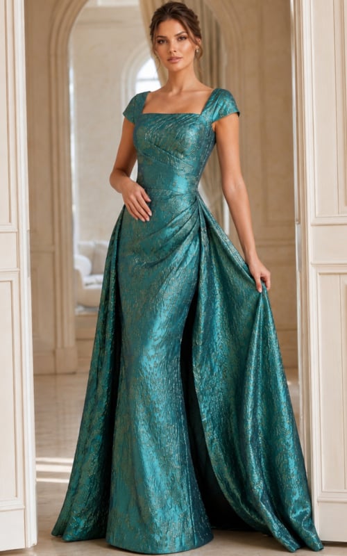 Designer Brocade Evening Gown With Draped Side Panels