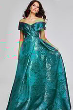 Model wearing Jovani 40296 green dress, off-the-shoulder, front view.
