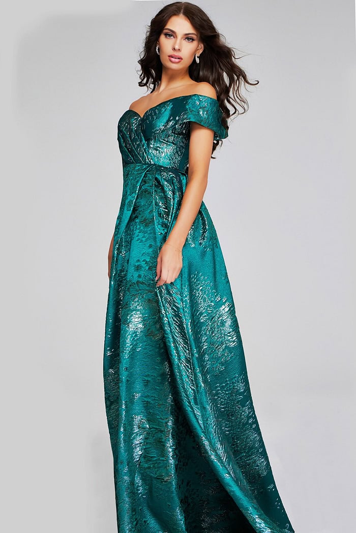 Model wearing Jovani 40296 green dress, off-the-shoulder, front view, side angle.