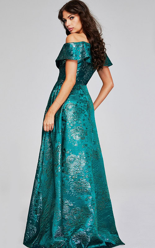 Model wearing Jovani 40296 green dress, off-the-shoulder, back view.