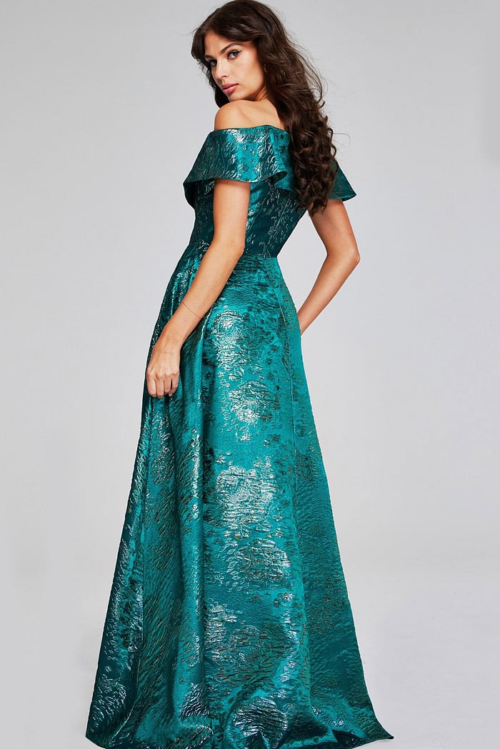 Model wearing Jovani 40296 green dress, off-the-shoulder, back view.