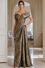 40296 Green Off-Shoulder Gown with Textured Fabric