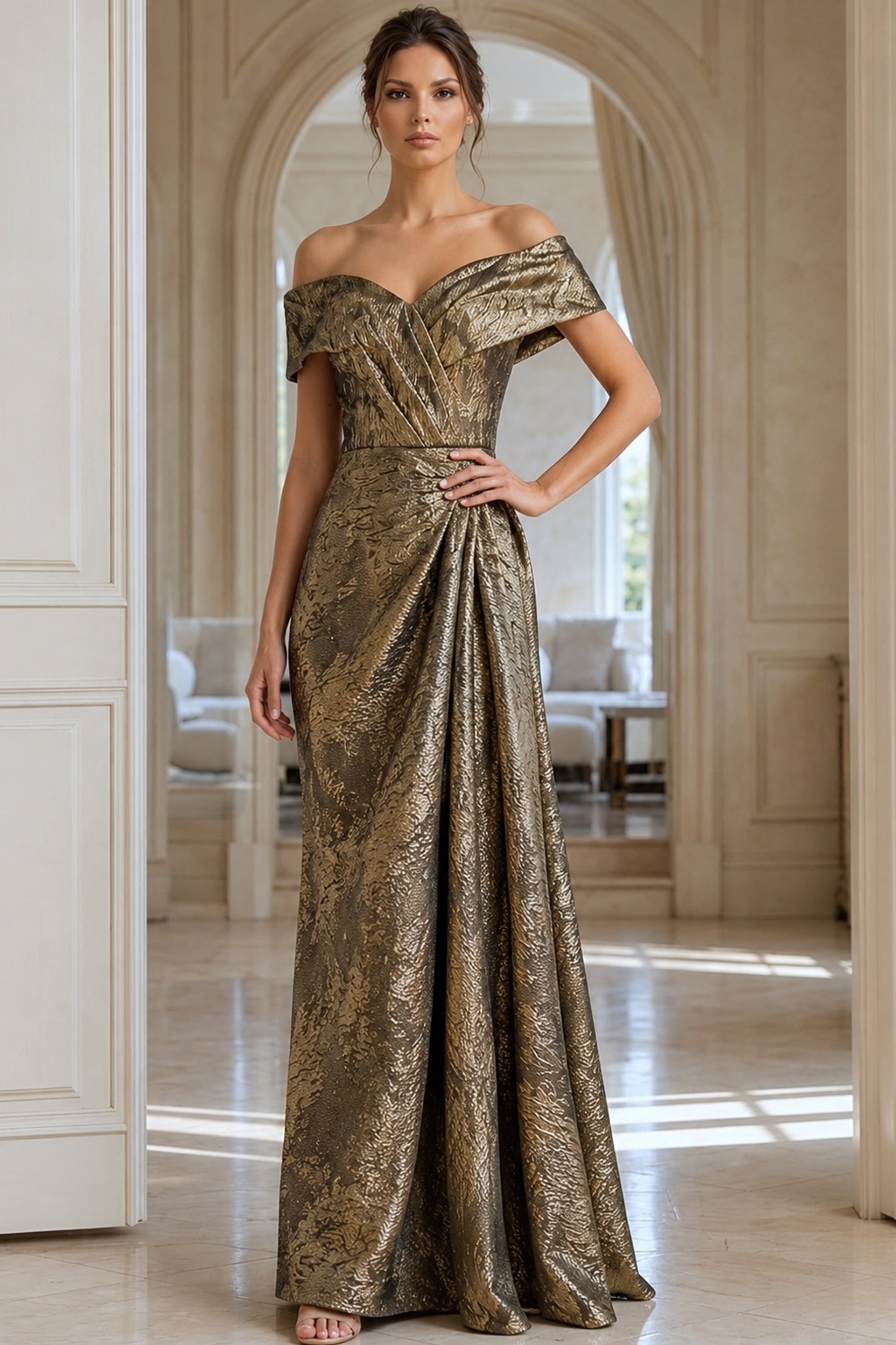 40296-sand-1-gemini 40296 Green Off-Shoulder Gown with Textured Fabric - Image 1