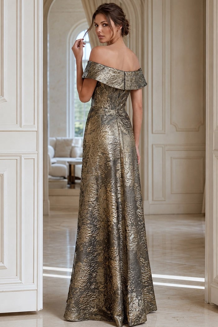 Off Shoulder Metallic Evening Gown With Draped Waist