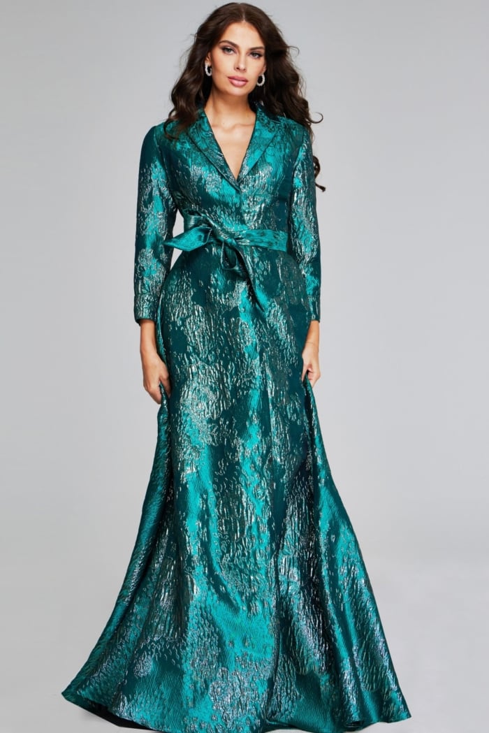 Model wearing GreenTextured Long-Sleeve Gown with Belt 40297