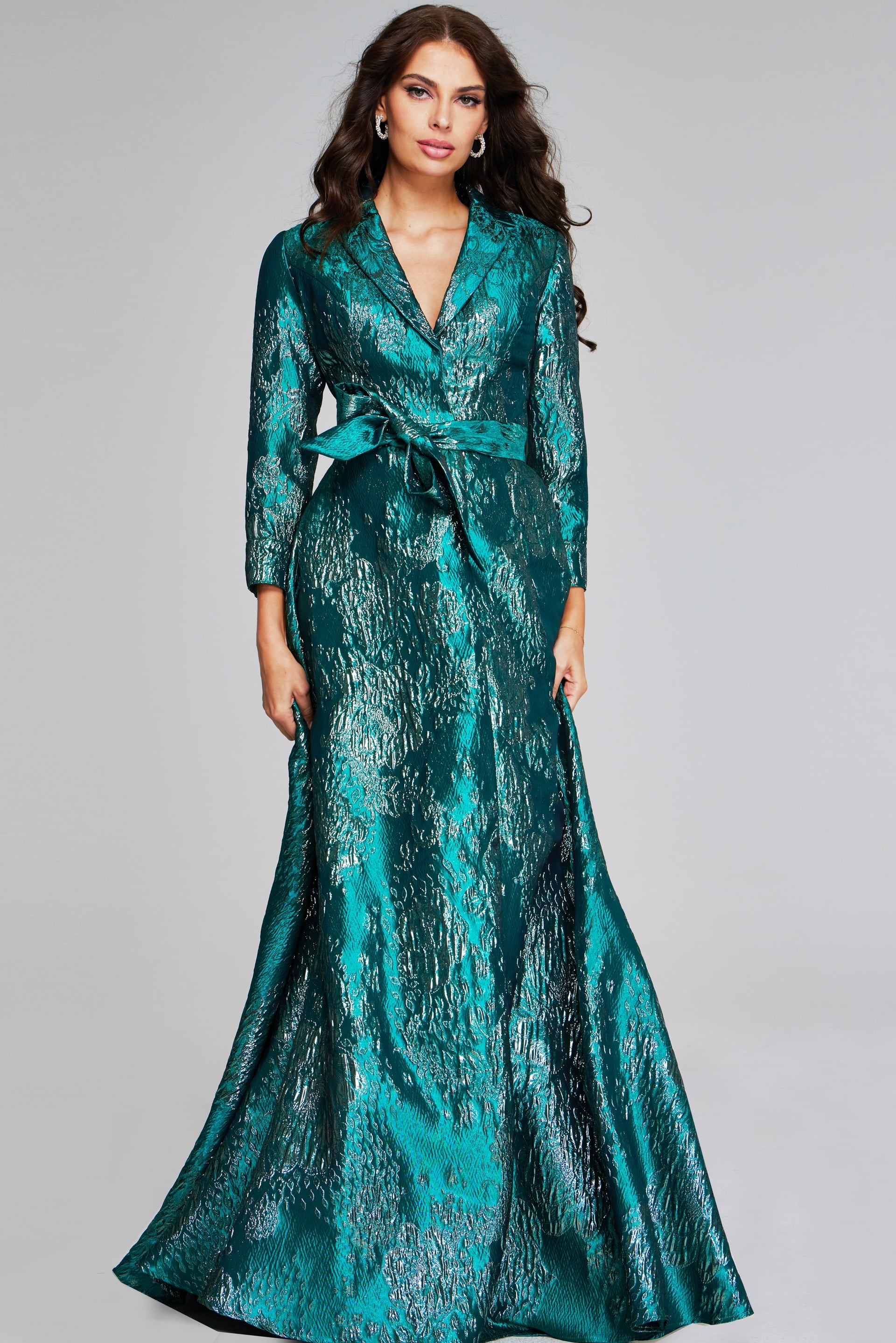 Model wearing GreenTextured Long-Sleeve Gown with Belt 40297