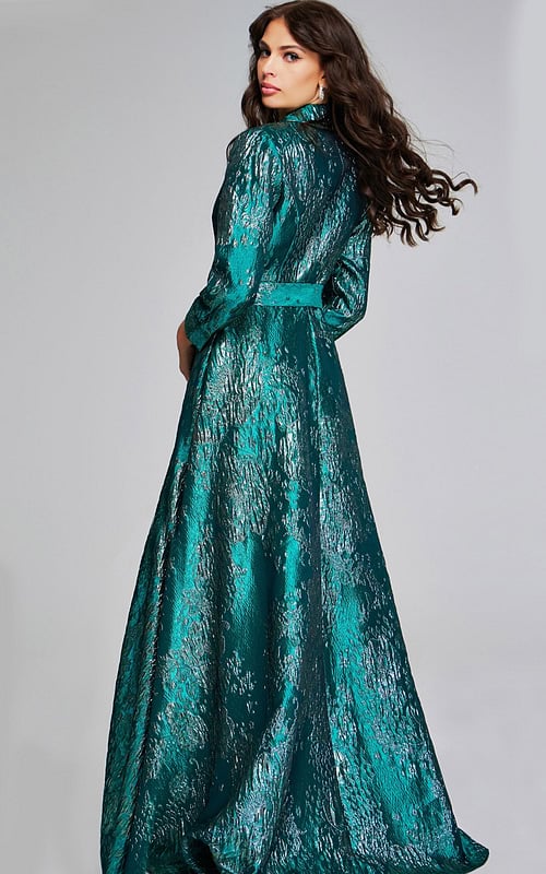 Model wearing GreenTextured Long-Sleeve Gown with Belt 40297
