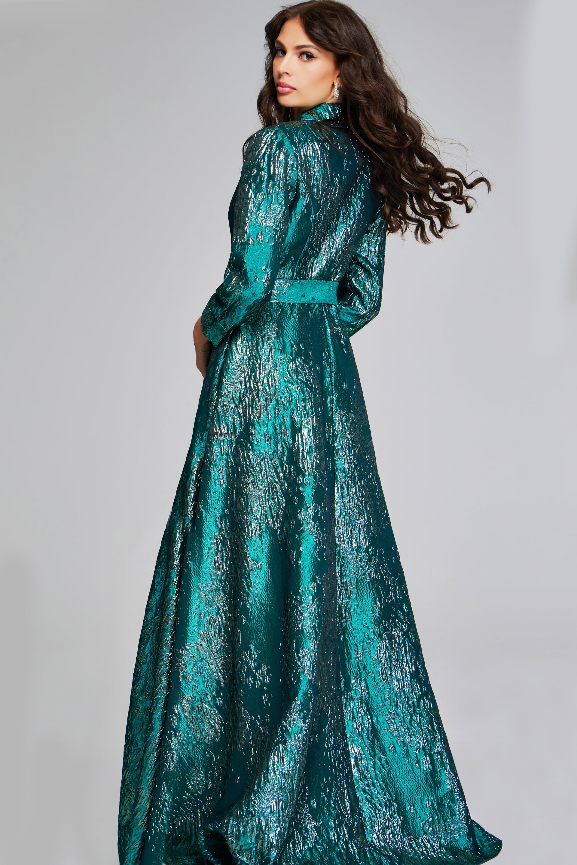 Model wearing GreenTextured Long-Sleeve Gown with Belt 40297