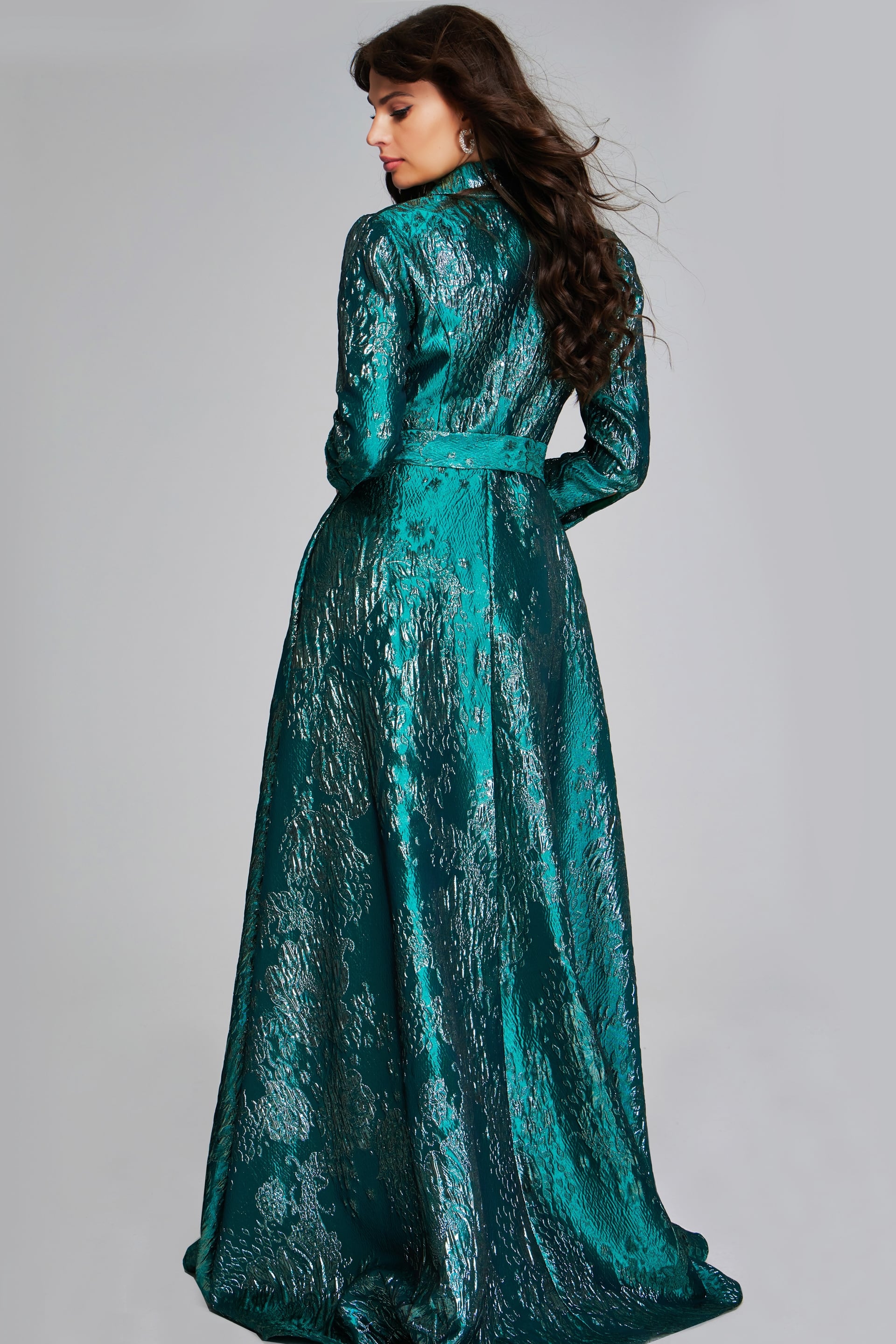 Model wearing GreenTextured Long-Sleeve Gown with Belt 40297