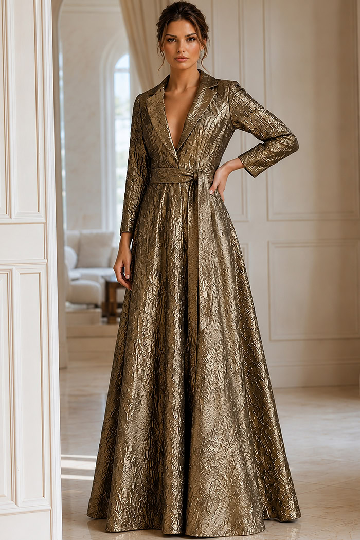 Metallic Jacquard Evening Gown With Blazer Style Bodice
