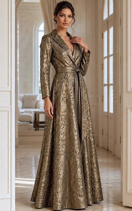 Long Sleeve Formal Ball Gown With Textured Metallic Fabric