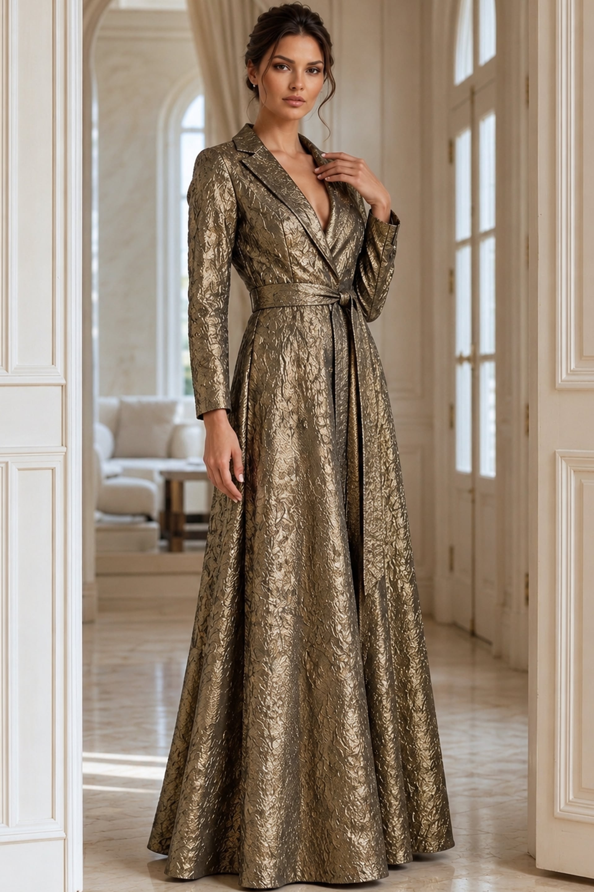 40297-sand-2-gemini Long Sleeve Formal Ball Gown With Textured Metallic Fabric