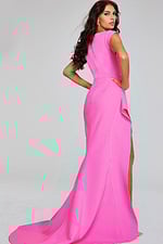 Back view of model in Jovani 40299 neon pink dress with elegant train and high neckline.