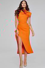 Model showcasing Jovani 40300 orange dress, front view with stylish features.