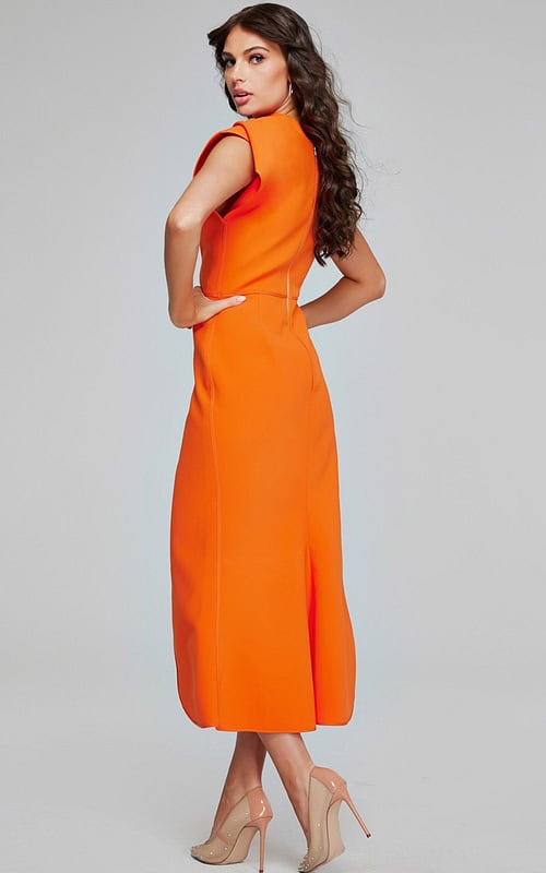 Model in Jovani 40300 orange dress, back view showcasing the elegant silhouette.