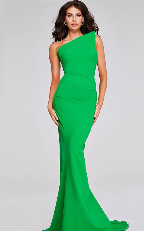Model wearing Jovani 40301 green gown with one-shoulder neckline, front view.
