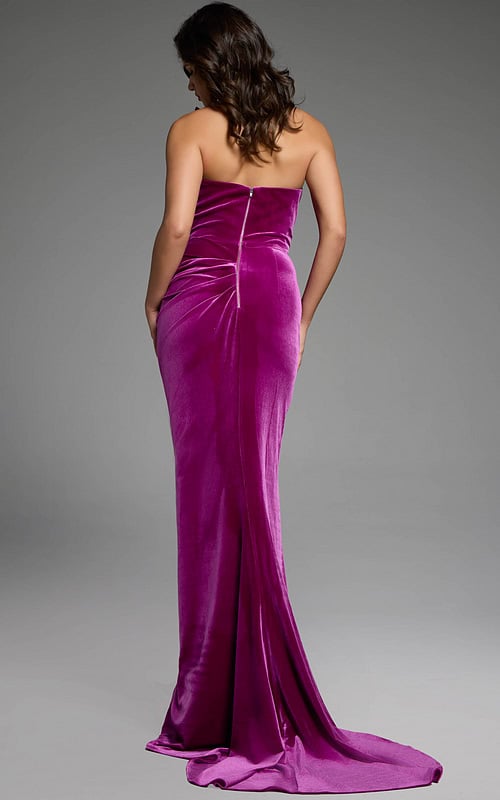 Back view of a one-shoulder luxurious velvet evening dress
