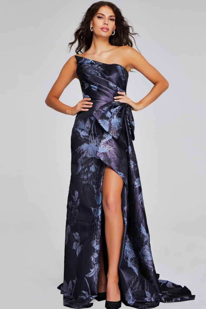 Model wearing Jovani 40308 print floor-length gown with asymmetrical neckline, front view.