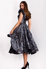Grey purple metallic A-line evening dress with ruffle shoulders