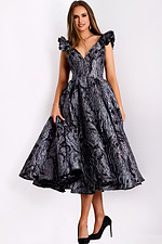 Elegant midi gown with shimmering jacquard fabric and deep V back