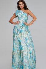 Model showcasing Jovani 40317 mint multi dress front with bow detail and A-line silhouette.