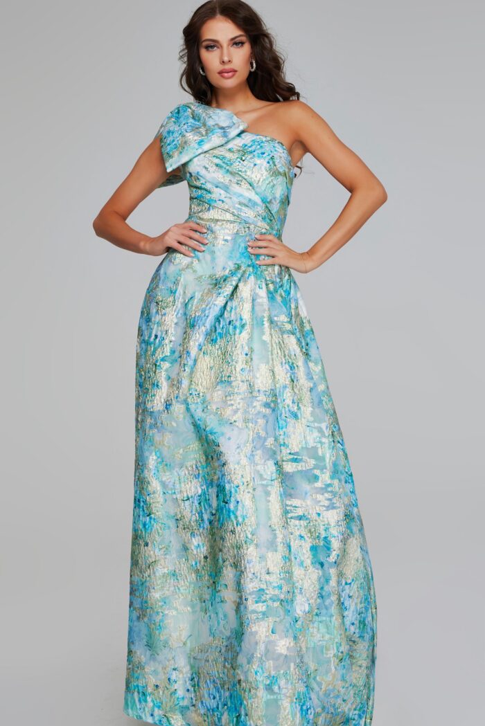 Model showcasing Jovani 40317 mint multi dress front with bow detail and A-line silhouette.