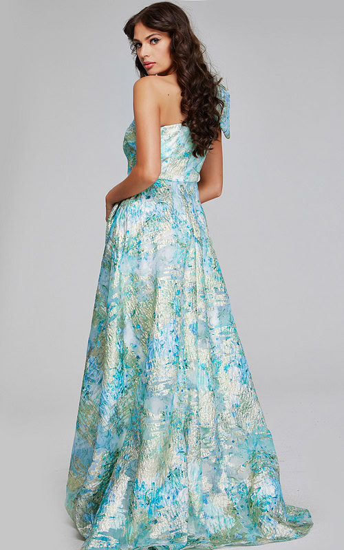 Back view of model in Jovani 40317 mint multi dress with textured fabric.