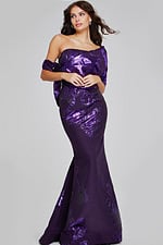 Model wearing Jovani 40318 back view, showing intricate dress details in purple.