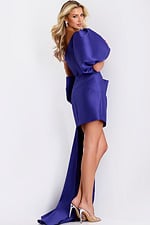 Back view of indigo dress with dramatic silhouette