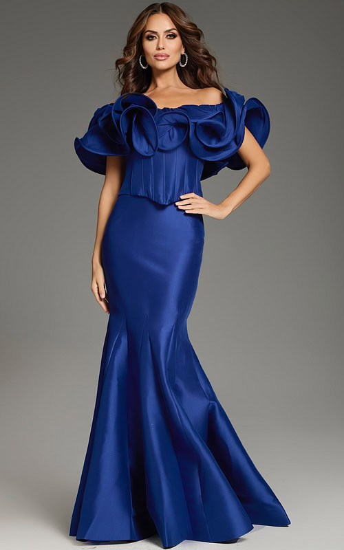 Model wearing Jovani 40324 purple mermaid gown with ruffle details, front view