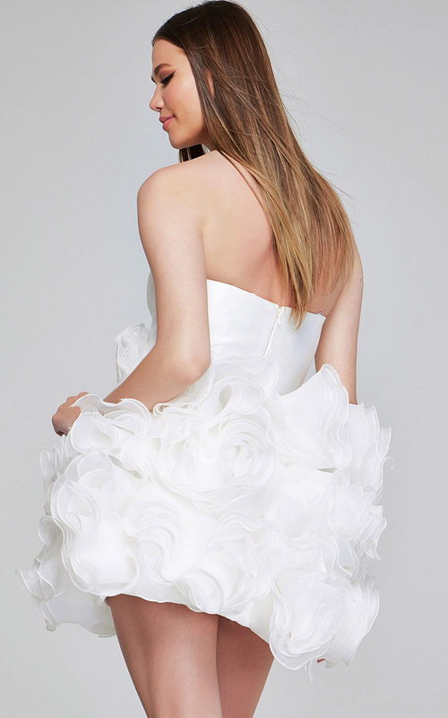Back view of model wearing Jovani 40334 white mini dress with floral detailing