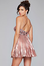 back view of model in Jovani 40351 displaying the pink dress with delicate straps and pleated skirt