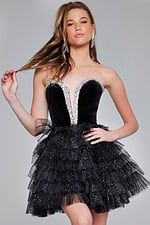 model wearing Jovani 40352 black mini cocktail dress, close-up front view