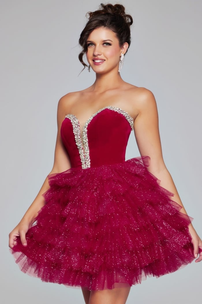 model wearing Jovani 40352 royal mini cocktail dress, full front view