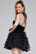 model wearing Jovani 40352 black mini cocktail dress, back view